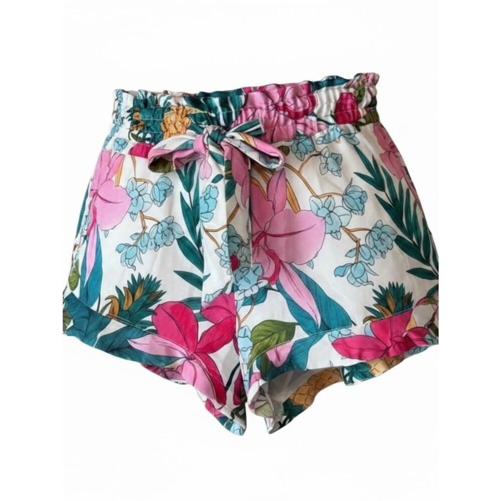 Zara White Floral Paperbag-Waist Shorts with Pink & Teal Print